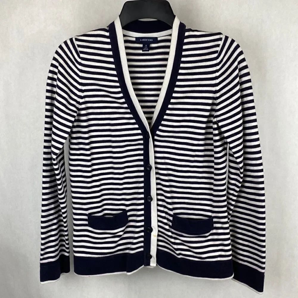 Lands’ End Cardigan Sweater Striped Small 6-8 Nautical Navy White Button Front